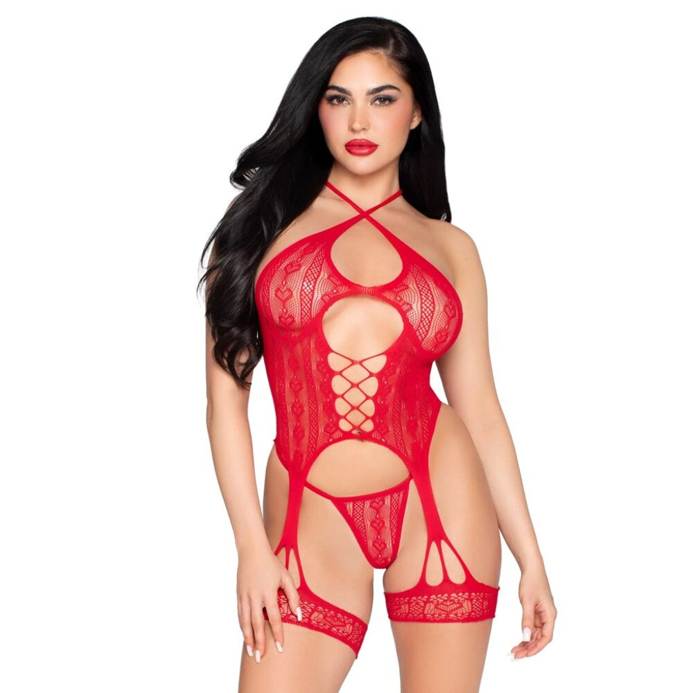 Forever Yours Cami Garter Set, Two-Piece Heart Net Lingerie Set